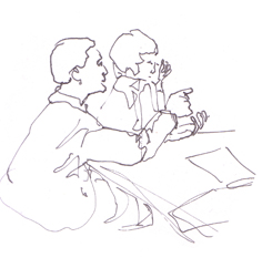 Discussion at the Innsbruck School; drawn by Saskia Sievert